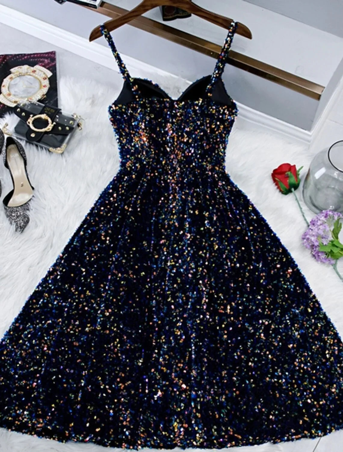 Sparkle & Shine Holiday Cocktail Party Dress Spaghetti Strap Sleeveless Knee Length Sequined with Sequin