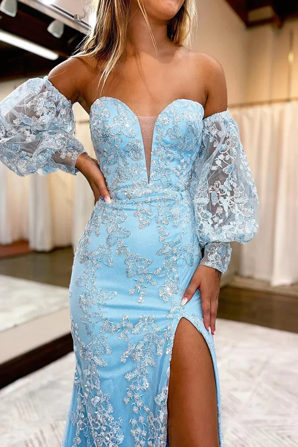 Detachable Sleeves Sweetheart Lace Long Prom Dress With Slit
