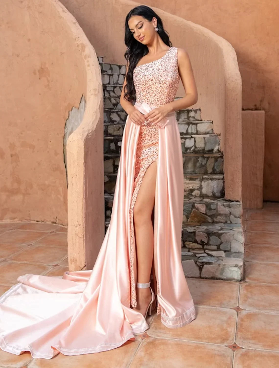 A-Line Mermaid / Trumpet Cocktail Dresses Sexy Dress Wedding Party Court Train Sleeveless One Shoulder Sequined