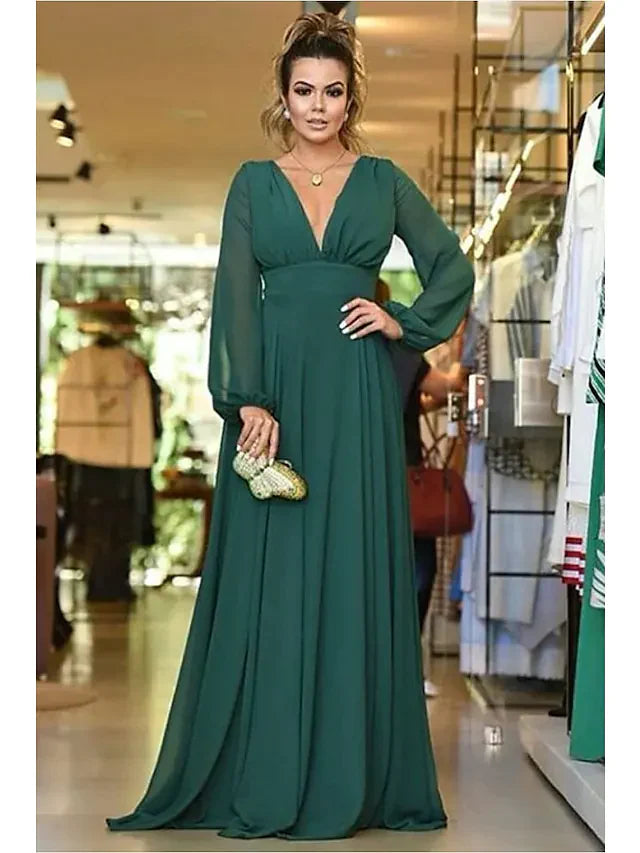 A-Line Plunging Neck Floor Length Chiffon Bridesmaid Dress