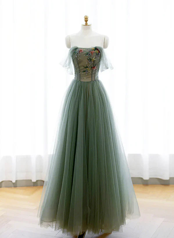 Green A-line Tulle with Lace Applique Long Formal Dress