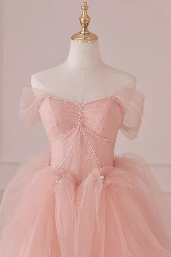 Light Pink Tulle Off Shoulder Lace and Beaded Prom Dress