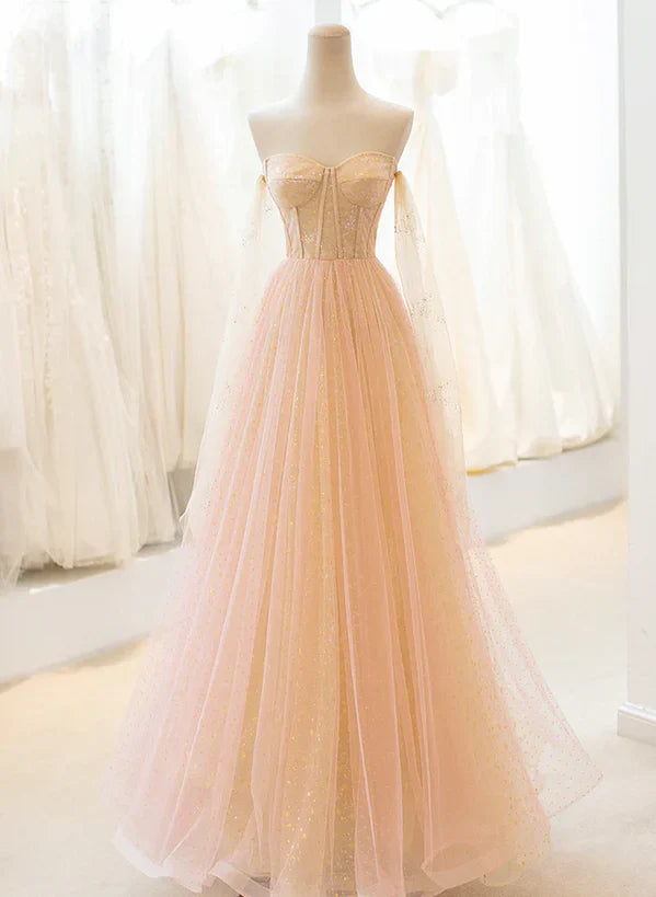 Light Pink Tulle Sweetheart Long Prom Dress