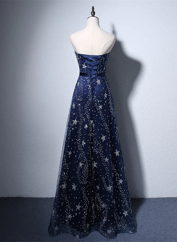 Navy Blue A-line Tulle Long Evening Prom Dress
