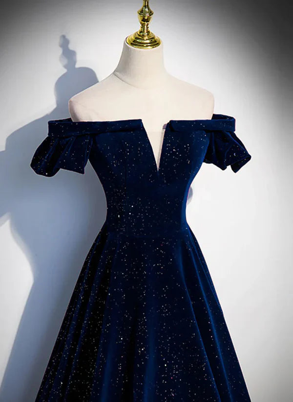 A-line Simple Navy Blue Velvet Off Shoulder Prom Dress