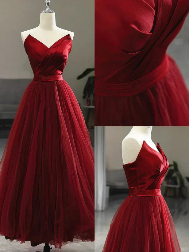 Wine Red Tea Length Tulle V-neckline Prom Dress