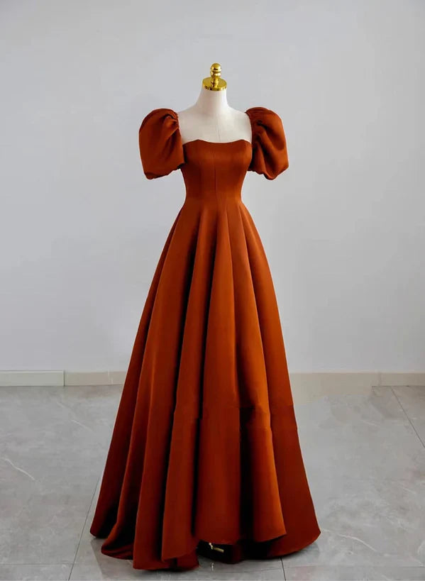 A-line Satin Simple Short Sleeves Long Formal Dress