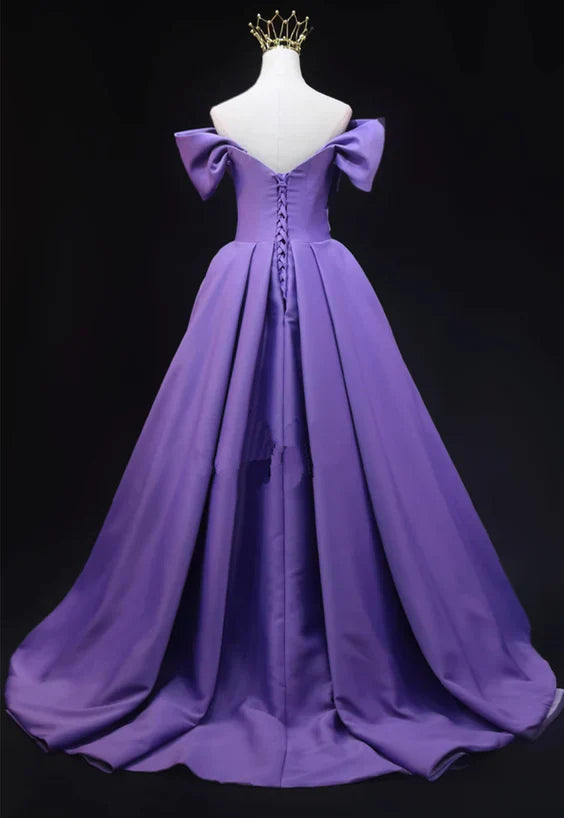 Purple Satin A-line Off Shoulder Long Party Prom Dress
