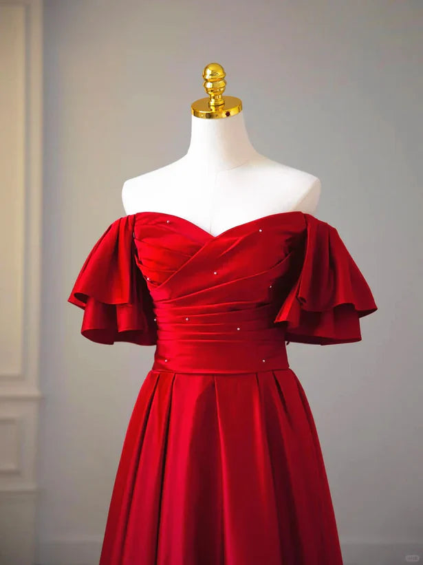 Wine Red Satin Short Sleeves Long Party Prom Dress