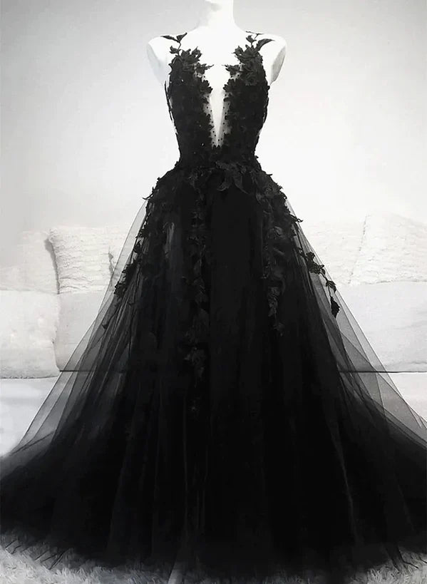 A-line Tulle with Lace Long Party Formal Prom Dress
