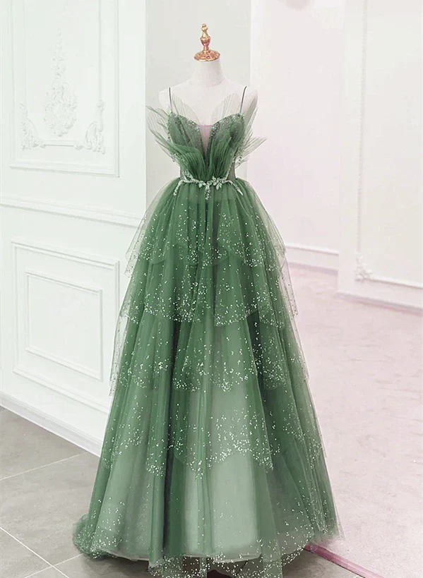 Glam Green Layers Tulle Straps Beaded Long Party Prom Dress