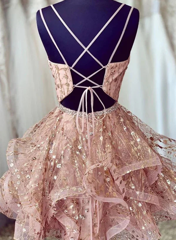 Pink Tulle Straps Lace-up Short Prom Dress Homecoming Dress