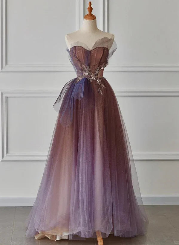A-line Purple Gradient Tulle Beaded Long Party Prom Dress