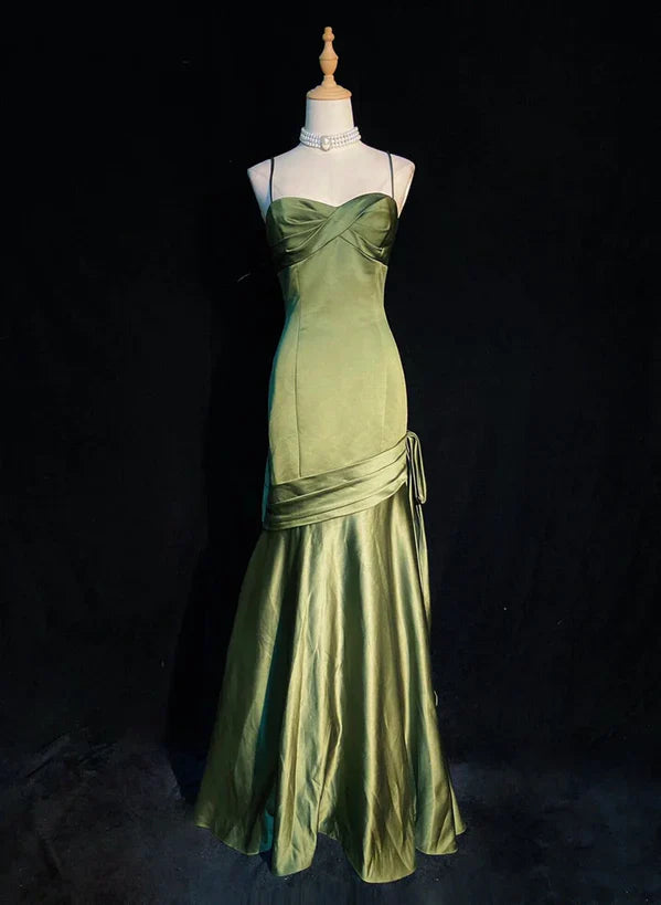Green Satin Sweetheart Straps Long Evening Prom Dress