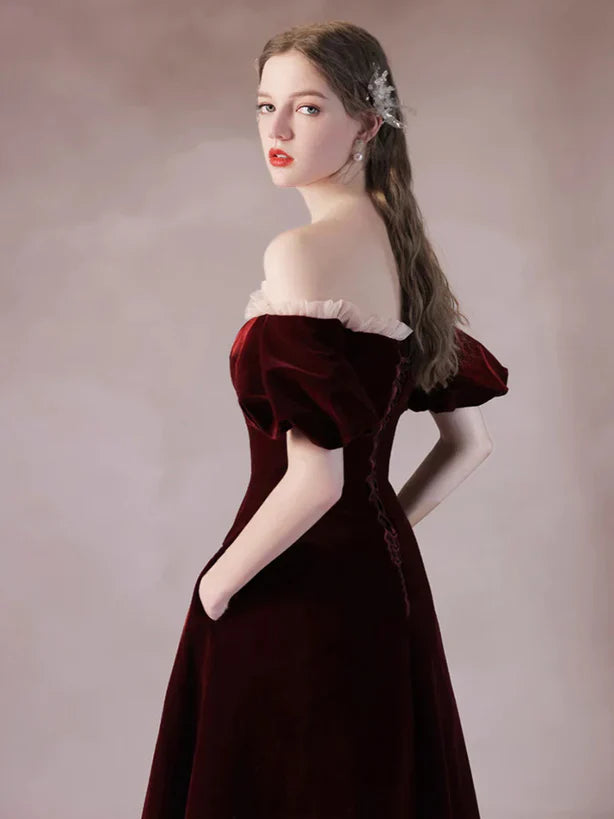 Wine Red Velvet Long A-line Off Shoulder Prom Dress