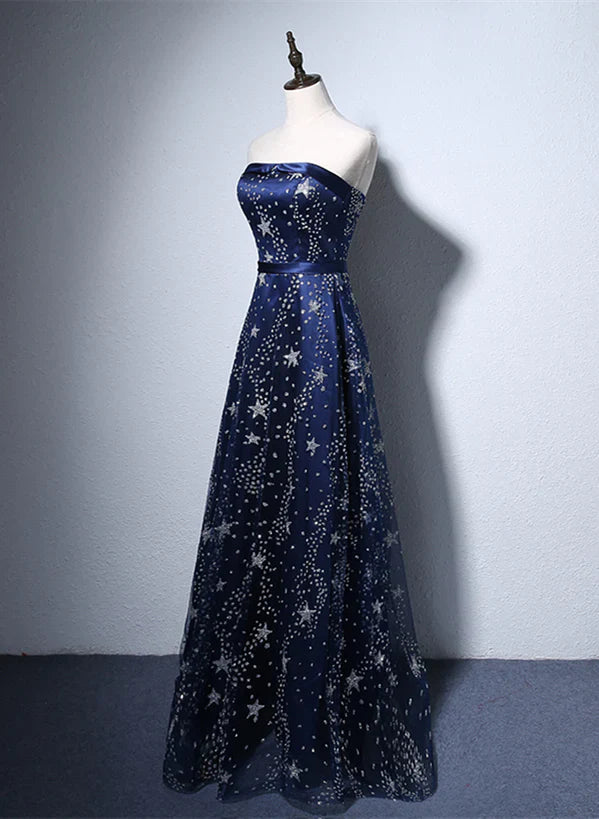 Navy Blue A-line Tulle Long Evening Prom Dress