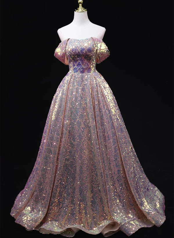 Pink Sequins Off Shoulder A-line Long Prom Dress