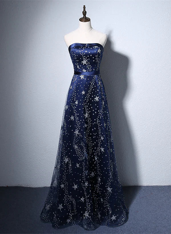 Navy Blue A-line Tulle Long Evening Prom Dress