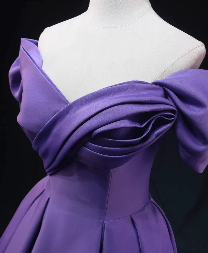 Purple Satin A-line Off Shoulder Long Party Prom Dress