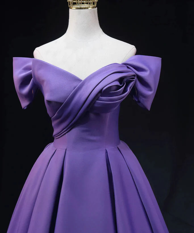 Purple Satin A-line Off Shoulder Long Party Prom Dress
