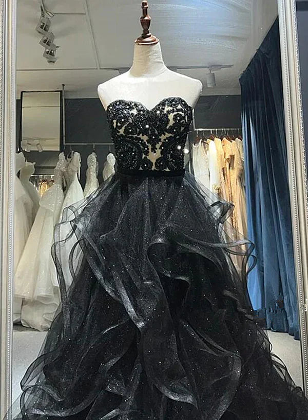 Black Sweetheart Tulle Layers Long Party Prom Dress