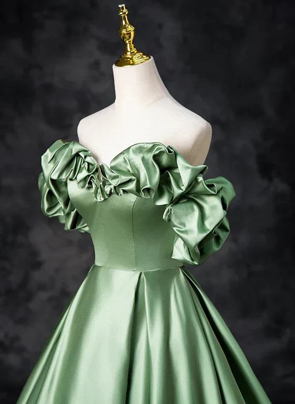 A-line Green Satin Off Shoulder Long Prom Dress
