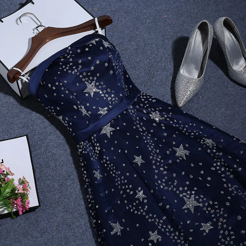 Navy Blue A-line Tulle Long Evening Prom Dress