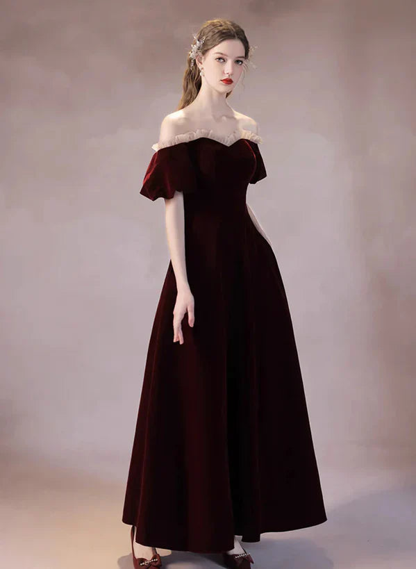 Wine Red Velvet Long A-line Off Shoulder Prom Dress