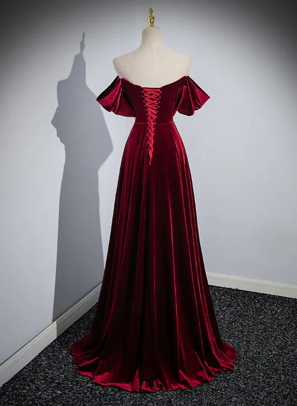 A-line Wine Red Velvet Sweetheart Wedding Party Prom Dress