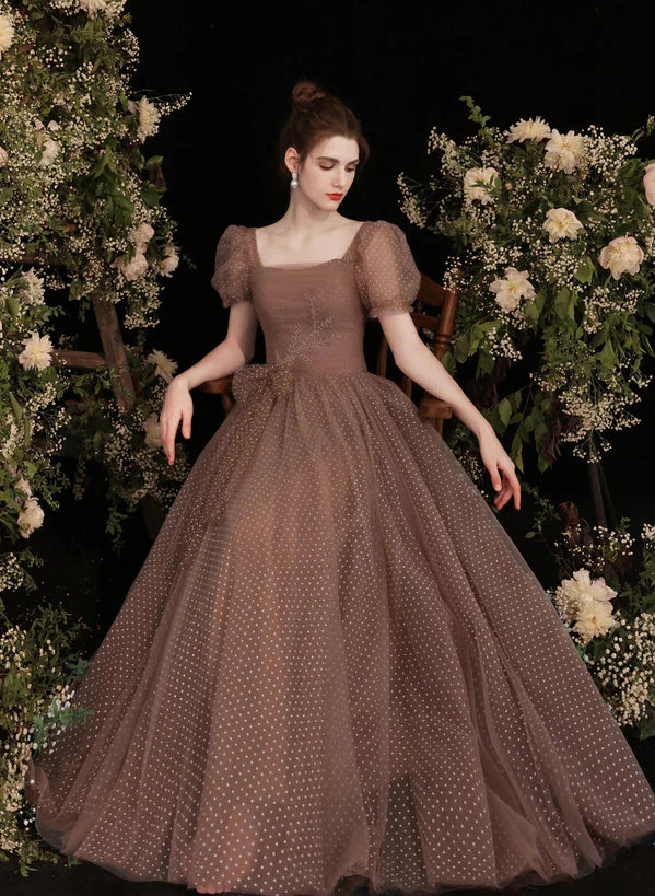 Pretty Tulle Short Sleeves Floor Length Prom Dress