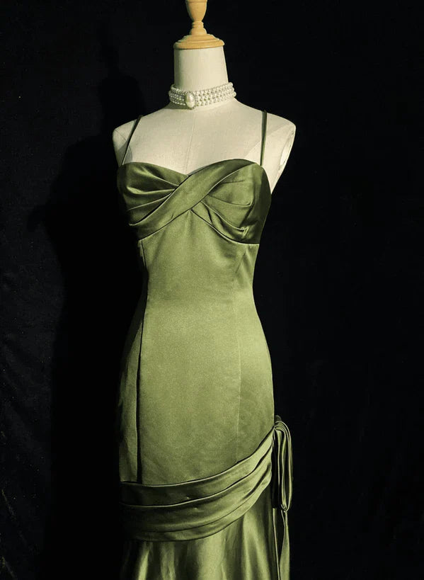 Green Satin Sweetheart Straps Long Evening Prom Dress