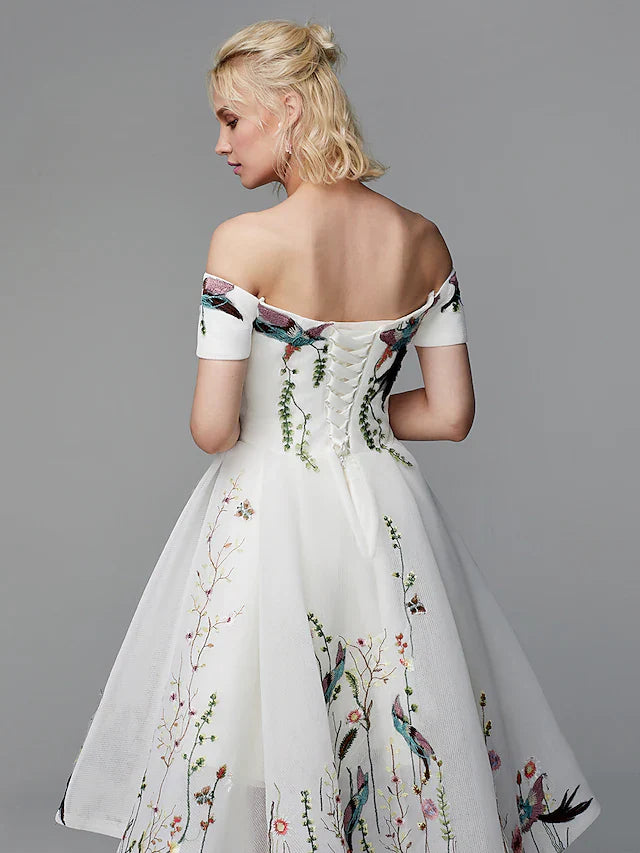 Cocktail Party Prom Valentine's Day Dress Off Shoulder Short Sleeve Asymmetrical Polyester with Embroidery