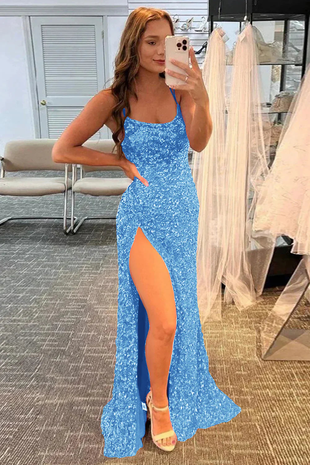 Mermaid Glitter Sequins Backless Long Prom Dress With Slit