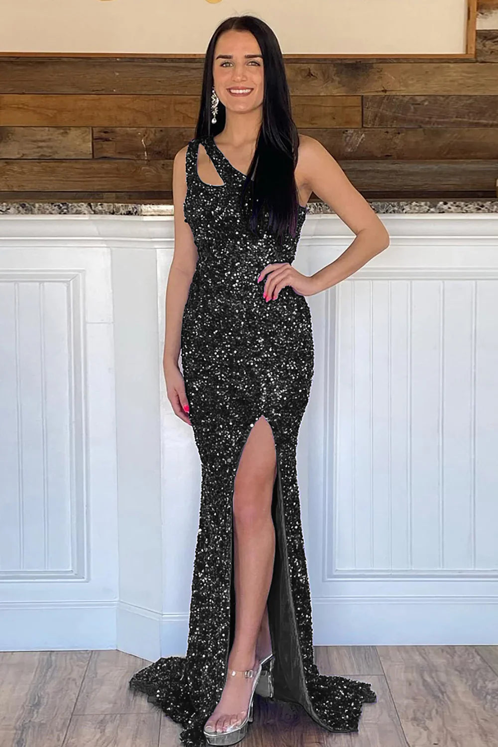 Sparkly Sequins  Mermaid One Shoulder Long Prom Dress
