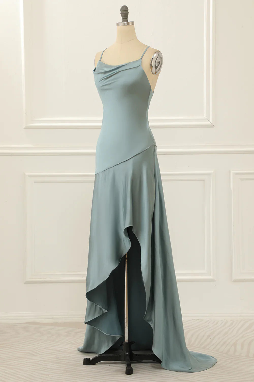 Grey Green Spaghetti Straps Satin High-Low Prom Dress