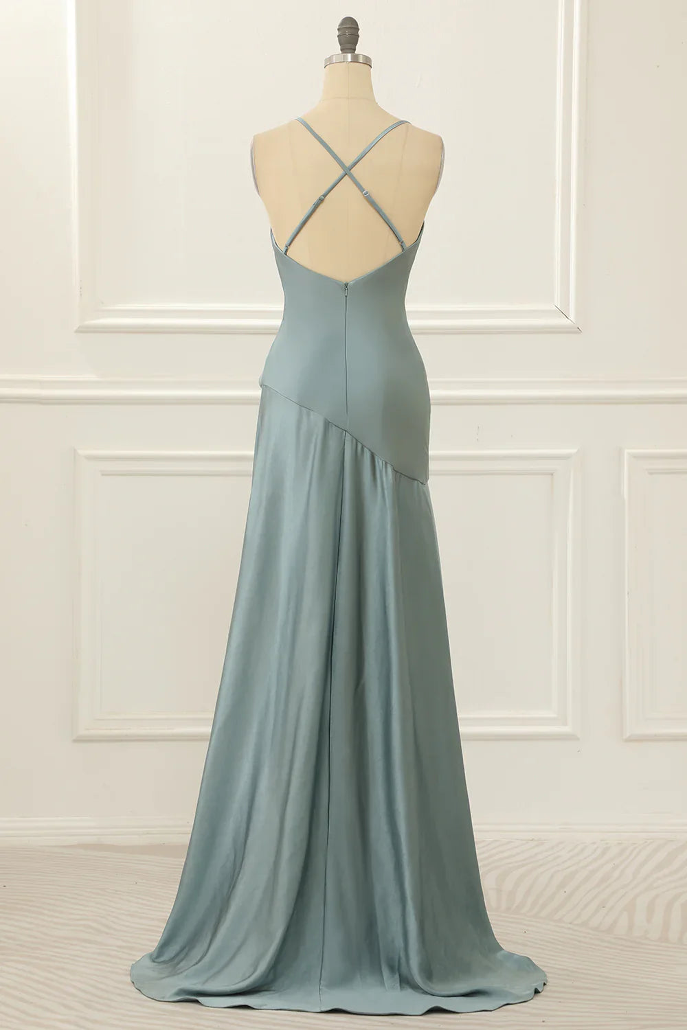 Grey Green Spaghetti Straps Satin High-Low Prom Dress