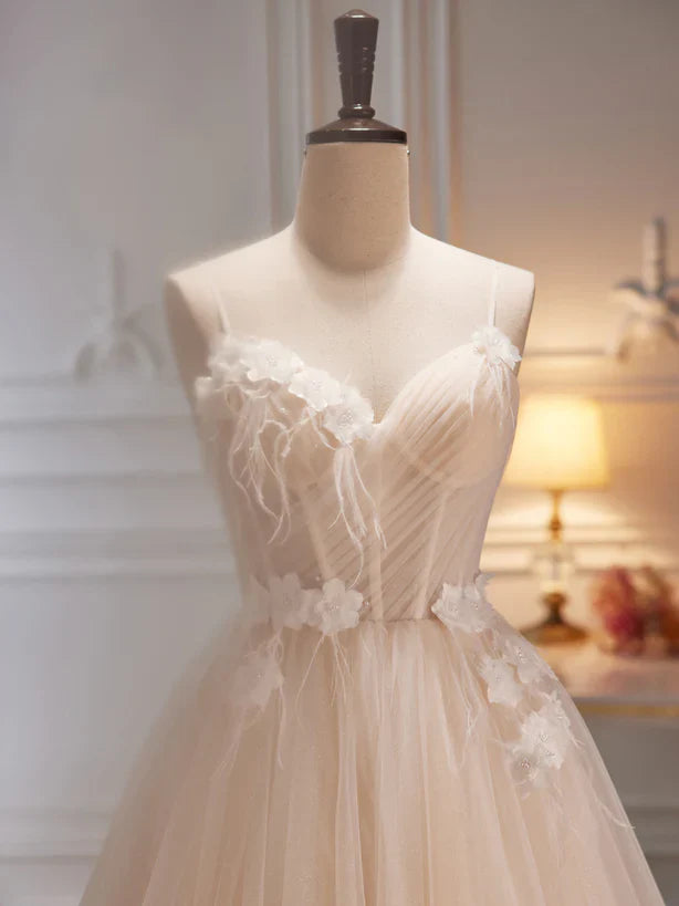 Ivory Tulle with Flowers Straps Prom Dress