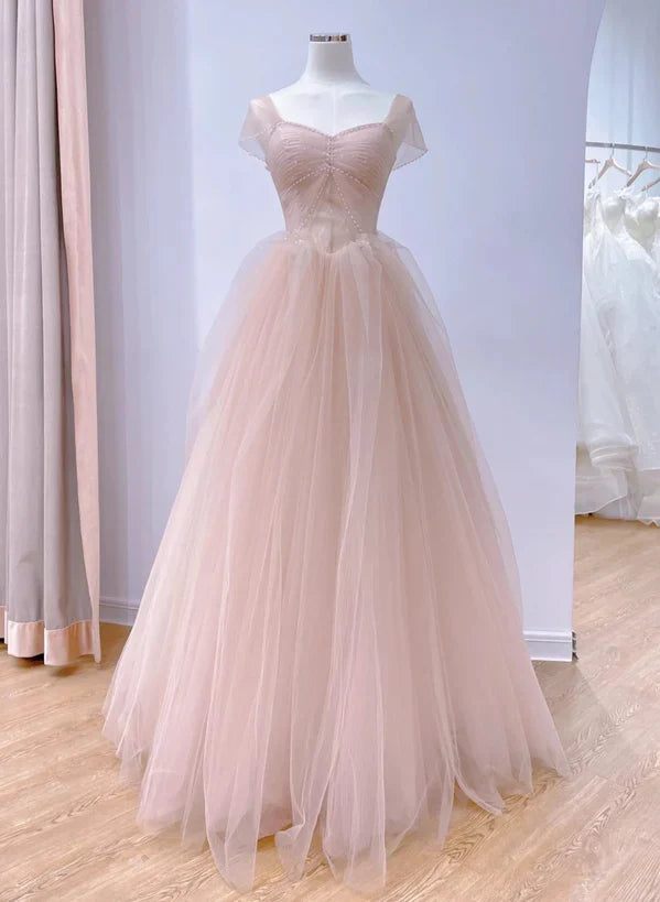 Pink A-line Tulle Beaded Off Shoulder Long Party Prom Dress