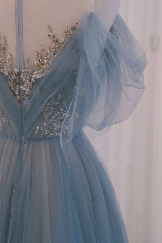 A-line Blue with Lace Applique Party Prom Dress