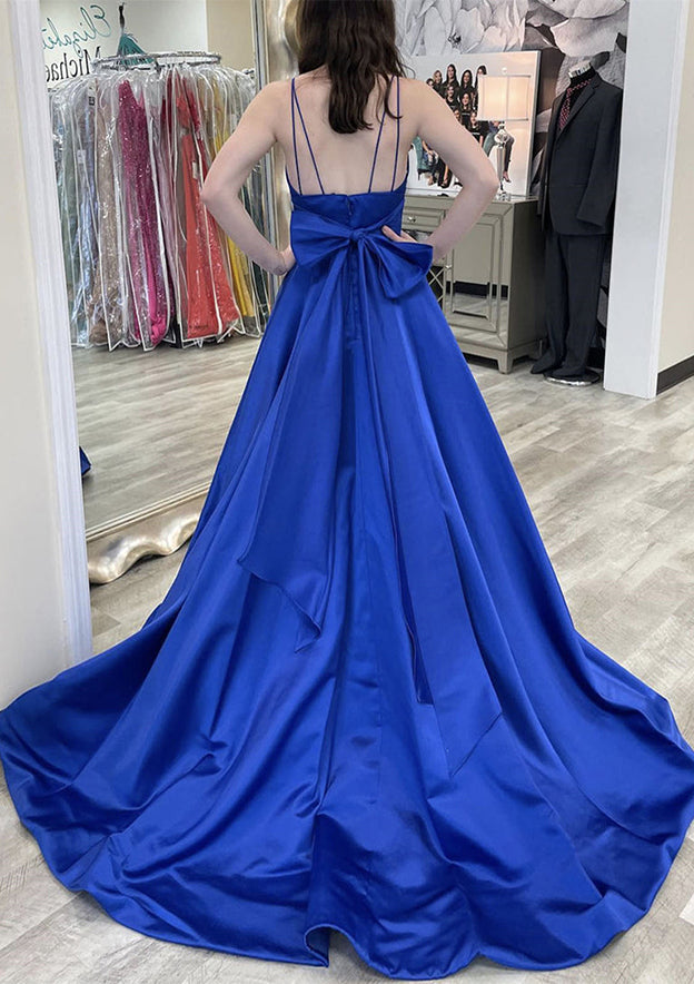 V Neck Sleeveless Court Train Satin Prom Dress With Bowknot Pleated Waistband