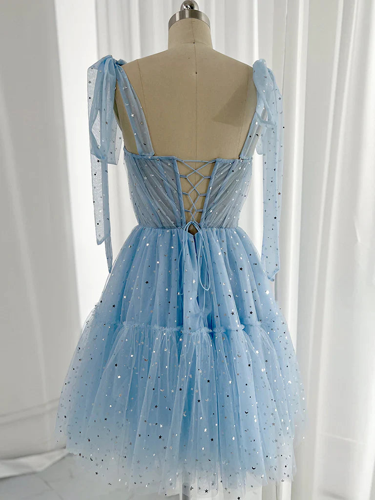 A-Line Sweetheart Neck Tulle Blue Short Homecoming Dresses