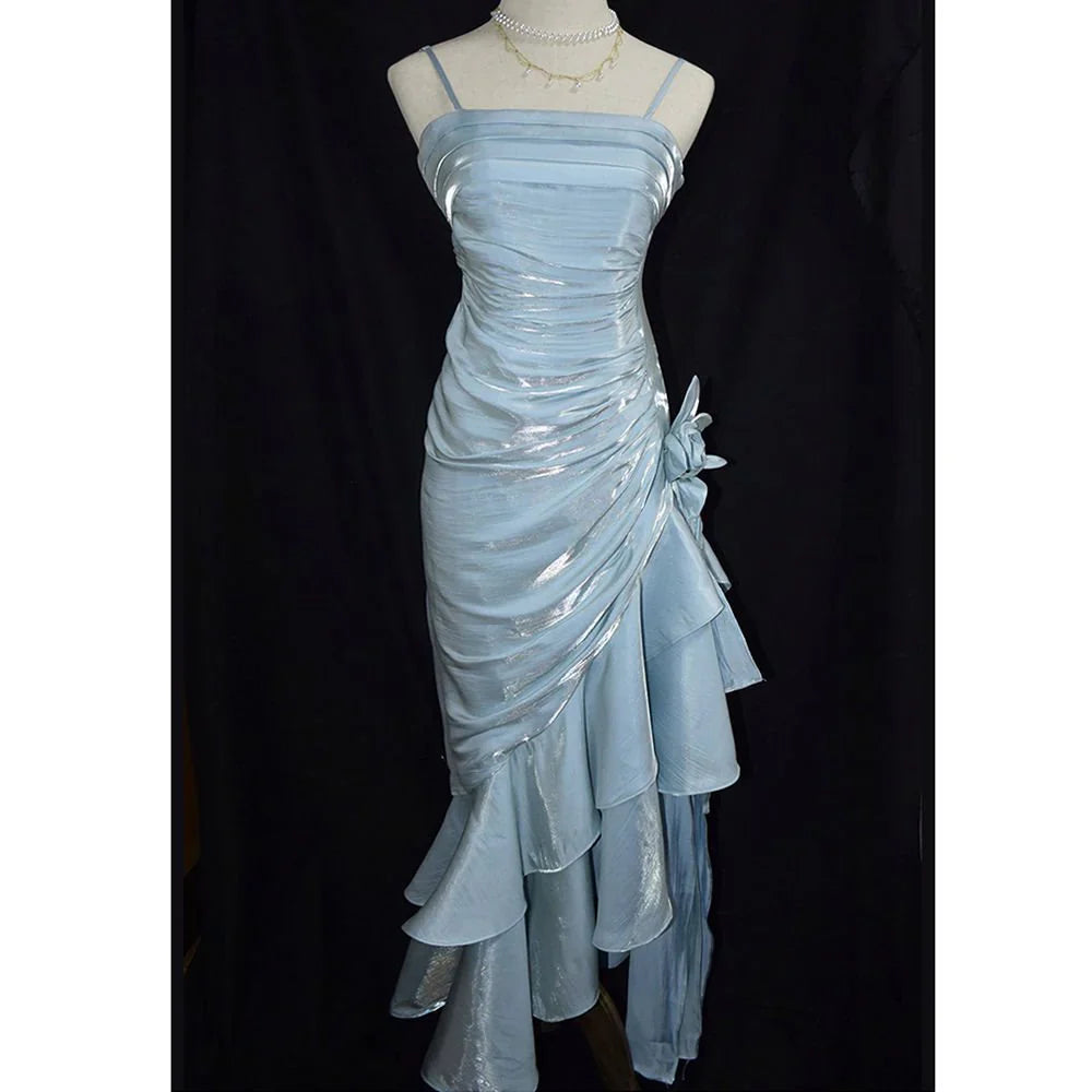 Charming Mermaid High Low Satin Straps Party Prom Dress