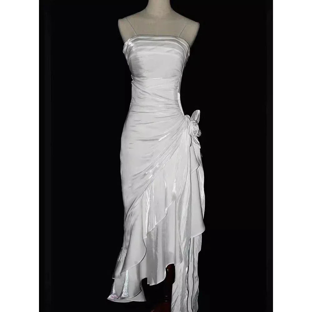 Charming Mermaid High Low Satin Straps Party Prom Dress