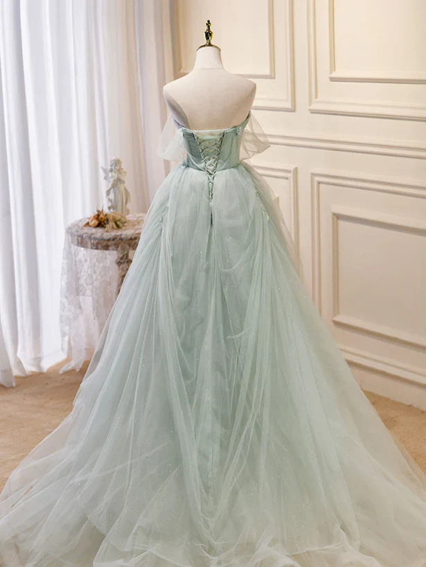 Light Green Tulle Beaded Sweetheart Long Prom Dress