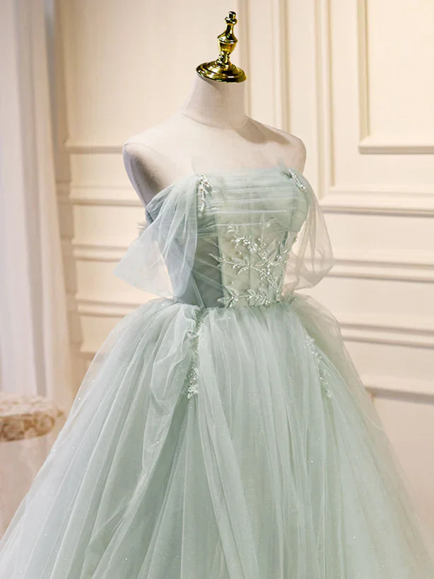 Light Green Tulle Beaded Sweetheart Long Prom Dress
