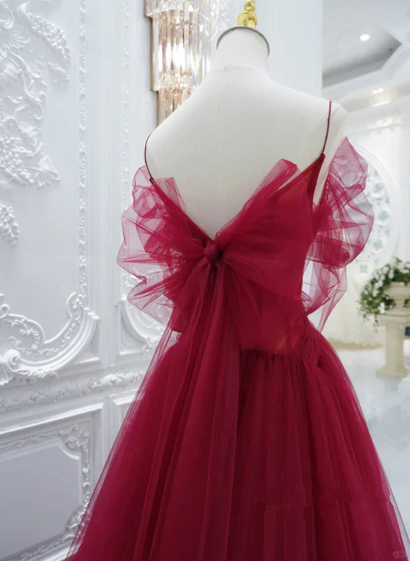 Wine Red Tulle V-neckline Long Party Prom Dress