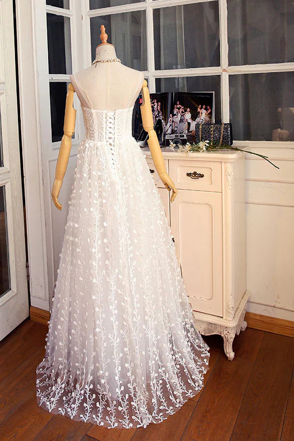 White v neck lace long prom Wedding Dresses