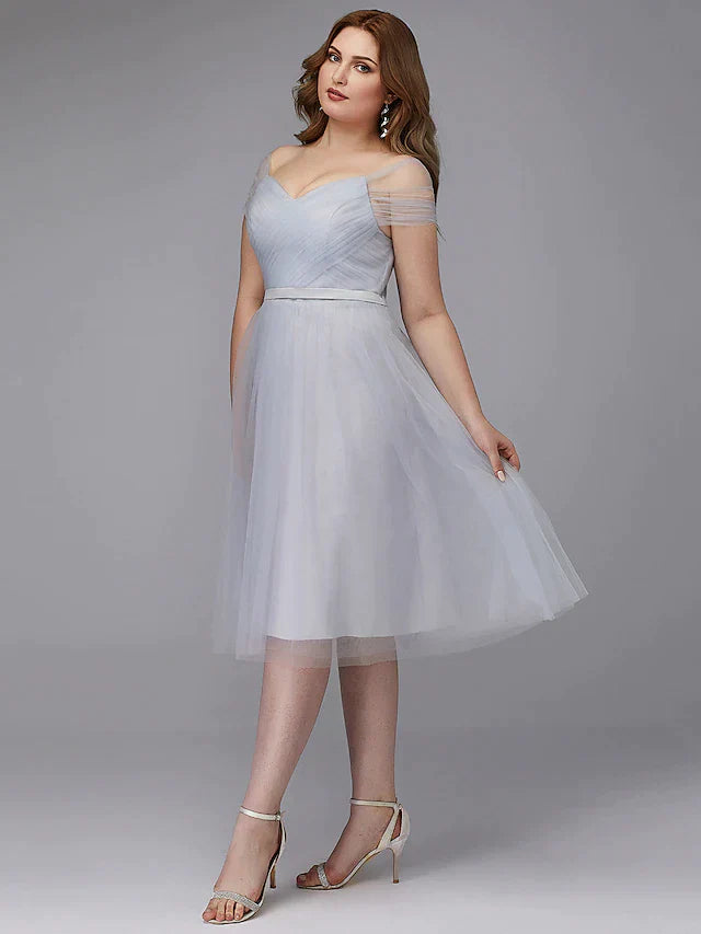 A-Line Elegant Cocktail Party Prom Dress Off Shoulder Short Sleeve Tea Length Tulle with Sash Ribbon Criss Cross