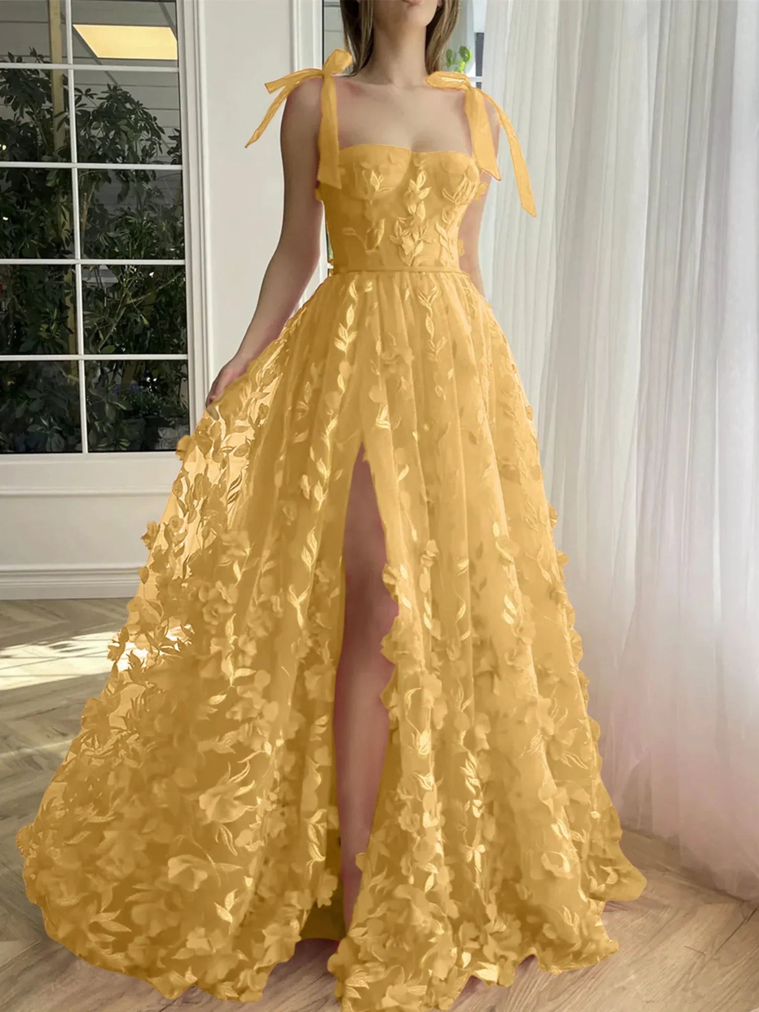 A-Line/Princess Spaghetti Straps Long Prom Floral Dresses