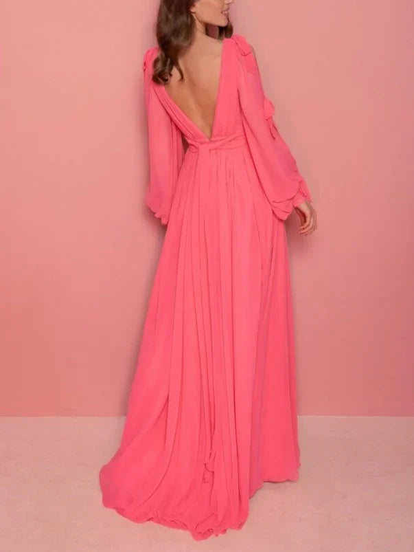 A-Line/Princess V-Neck Long Sleeves Floor-Length Evening Dress